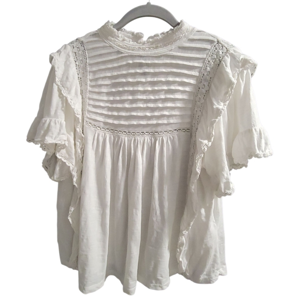 Free People White Lace-Trim Flutter Sleeve Blouse - Picture 11 of 16